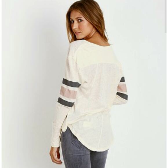 We The Free People Game Time Henley Top Long Sleeve Large Lavender Arm Stripes - Picture 9 of 14